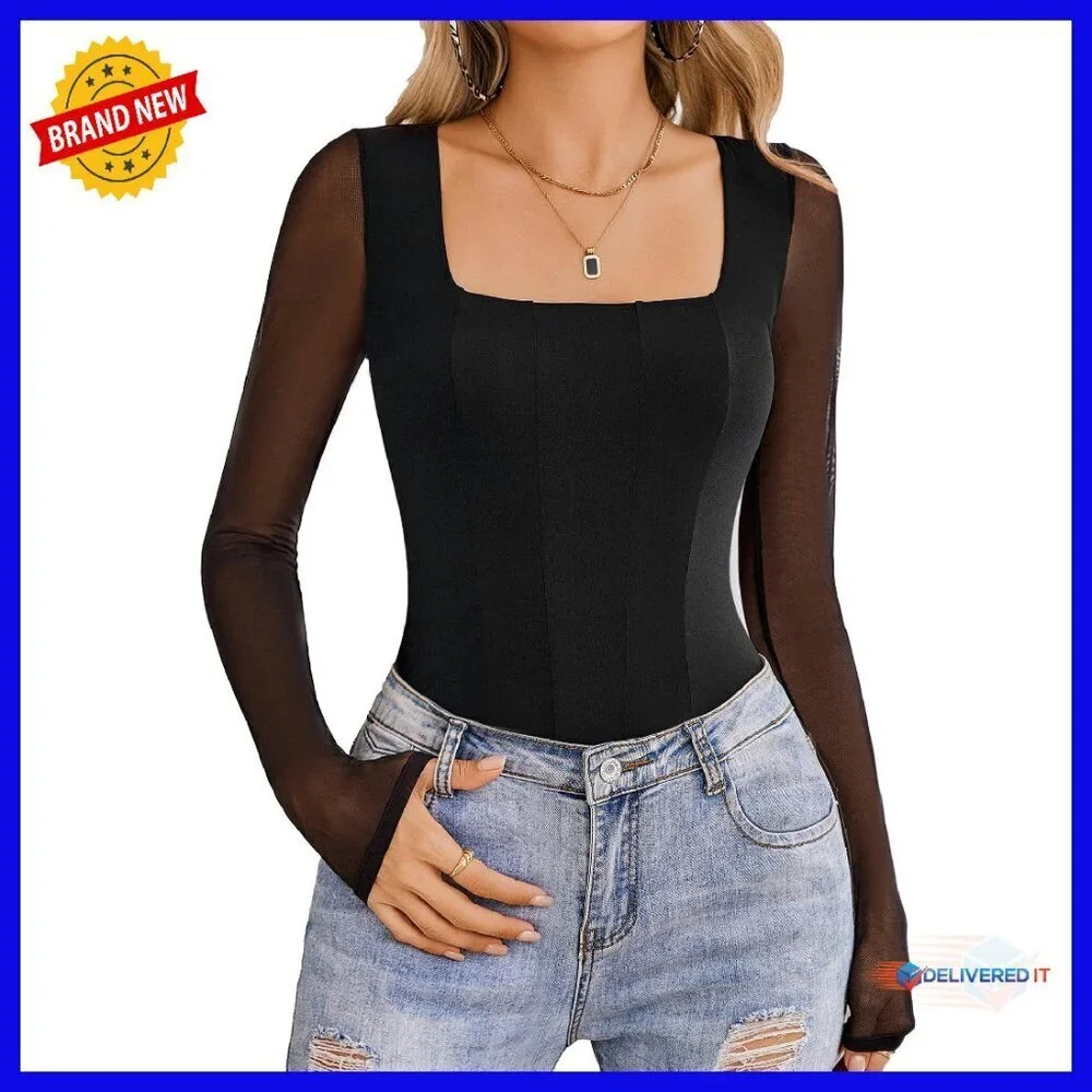 Long Sleeve Mesh Bodysuit Square Neck Soft Stretch Leotard Top